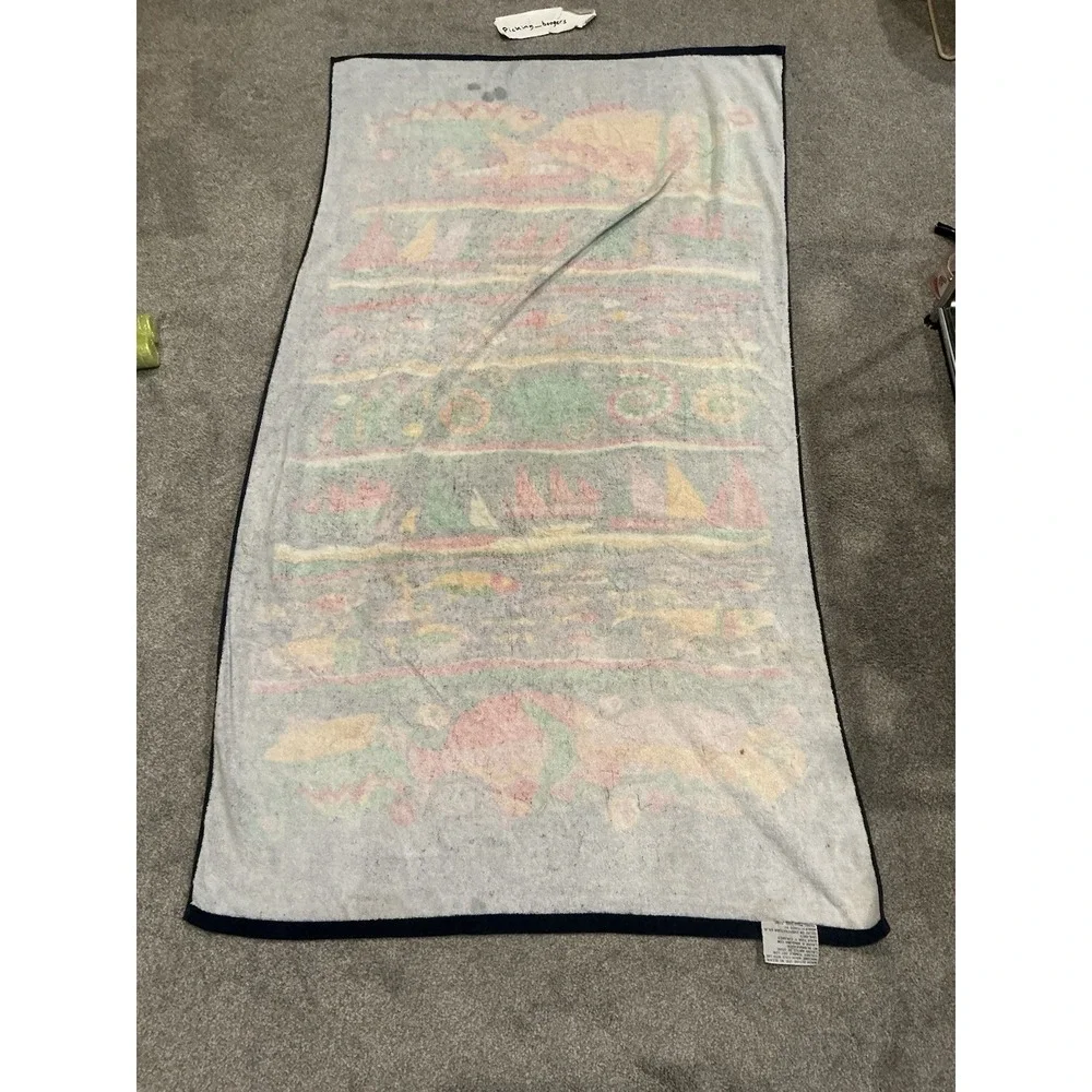 Vintage Beach Towel Featuring A Colorful Tropical Fish and Sailboat Design
